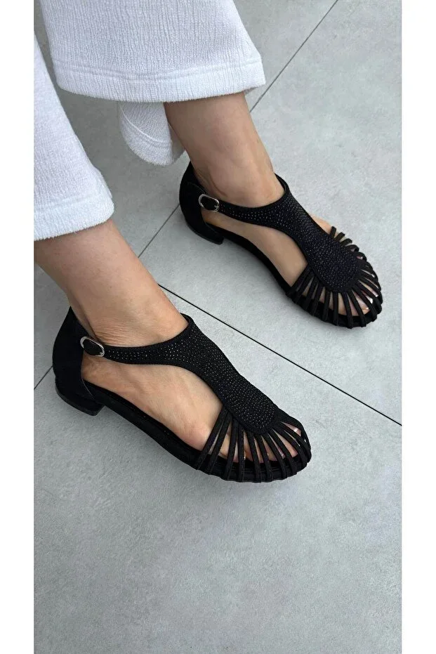 LYRA BLACK SUEDE BLACK MINI STONE DETAILED SANDALET