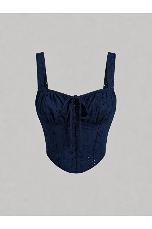 Navy Blue Embroidered Patterned Bustier Crop Top with Front Lacing