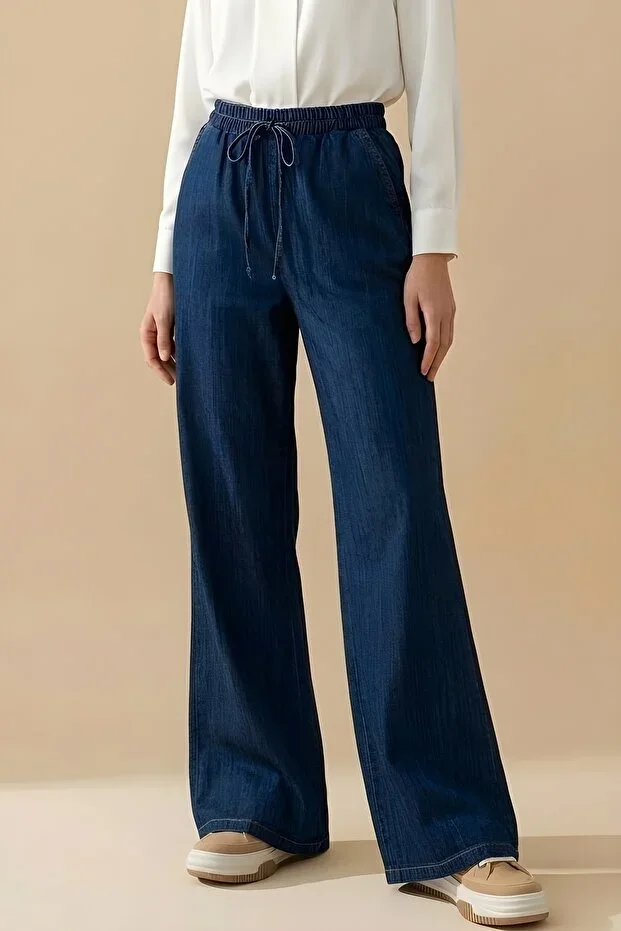 Navy Blue Elastic Waist Palazzo Denim Trousers
