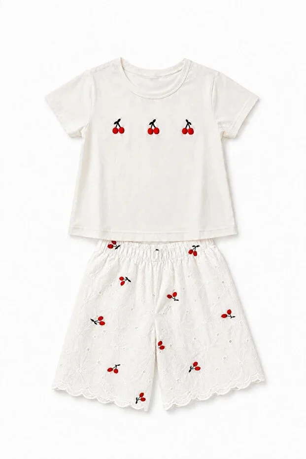 Girls Cherry Embroidered T-shirt and Broderie Shorts Set