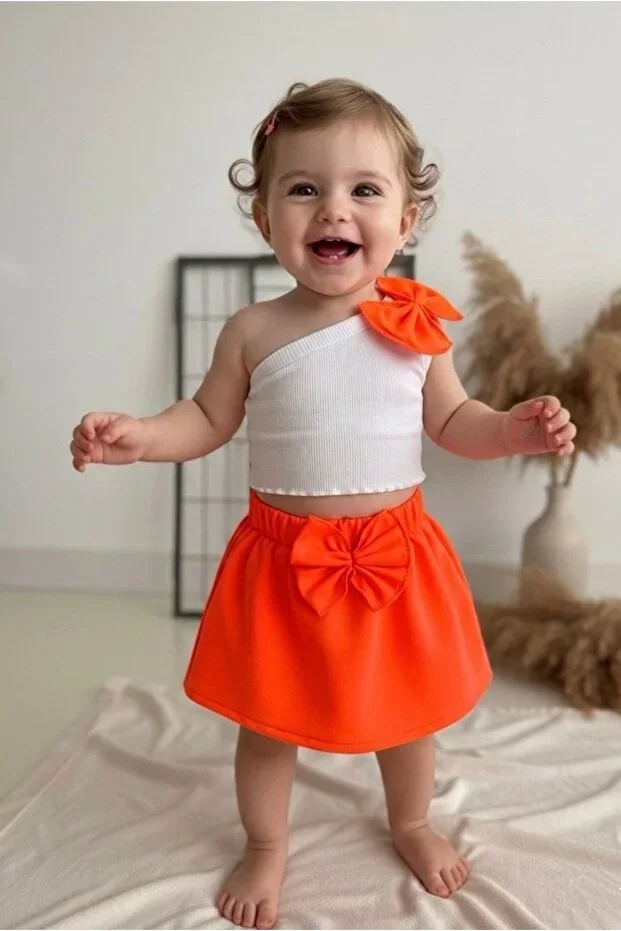 ORANGE BABY CHILD ONE SHOULDER CROP SKIRT SET SUIT SUMMER SUIT