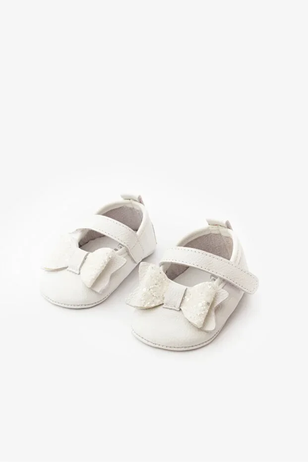 White Sequin Velcro Leather Baby Moccasins