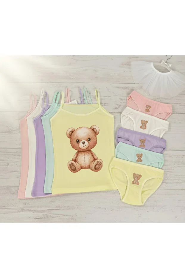 GIRLS PRINTED TANK TOP PANTY SET 5 pcs ECONOMIC PACKAGE 100% COTTON
