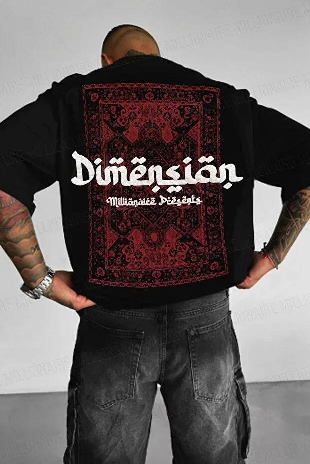 Men's Dimension Voluminous Print Black Crew Neck Oversize Loose T-shirt