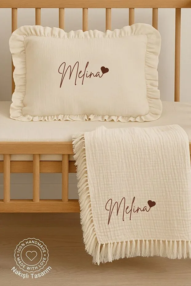Girl Boy Baby Name Embroidered Muslin Pillowcase & Blanket Set Baby Gift Memory Set