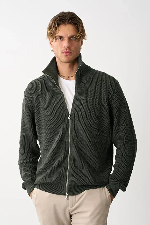 Men's Regular Fit Ribbed Knit Cotton Zip-Up Khaki Cardigan