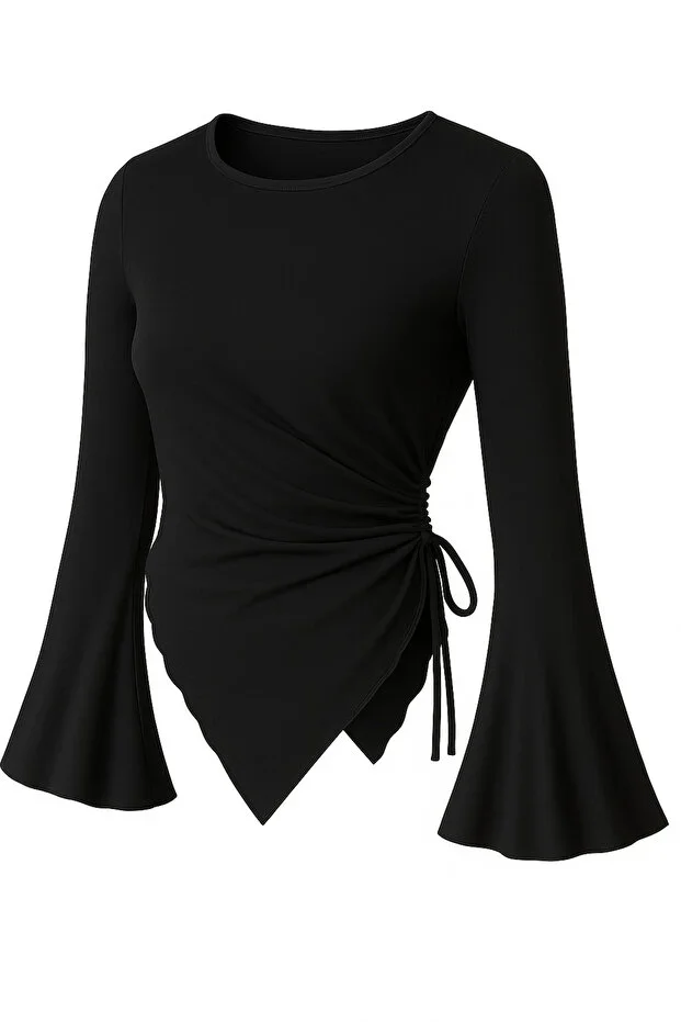 Wild Flower Black Round Neck Drape Detail Spanish Sleeve Modest Top Blouse