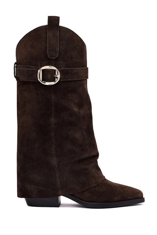 Women's Brown Thick-Heeled Suede Leather Boots 25AFD490610