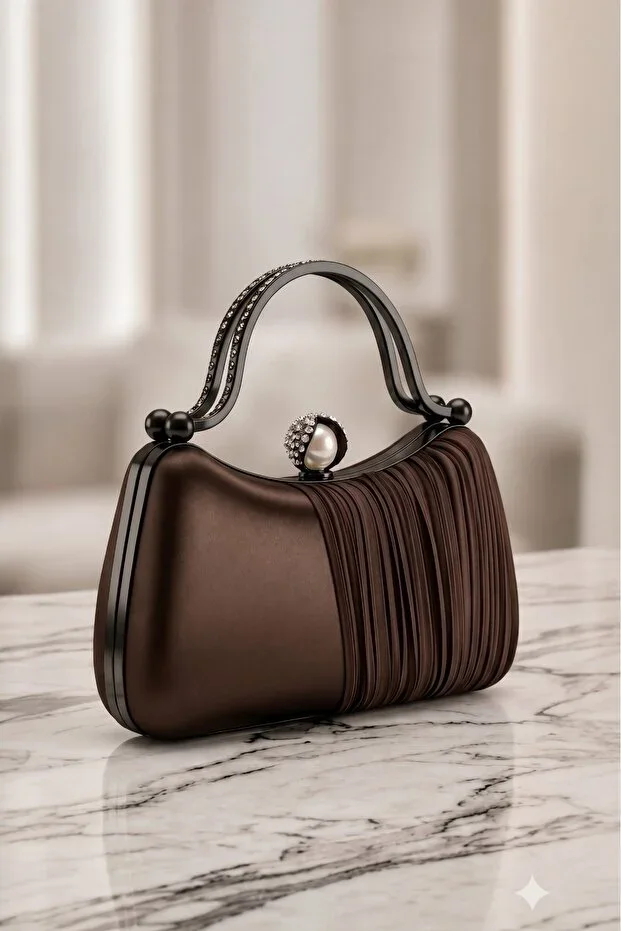 Coffee Satin Pleated Evening Bag Zircon Stone Evening Bag Chic Bag