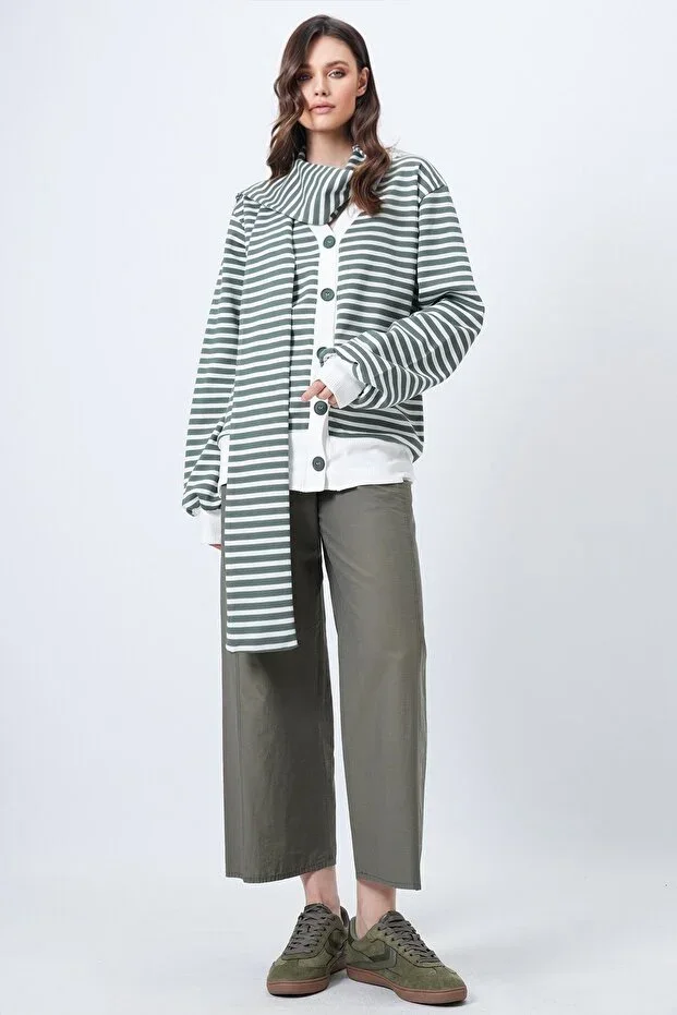 Ecru Green Self Shawl Detailed Color Block Knitted Long Cardigan ALC-X14704