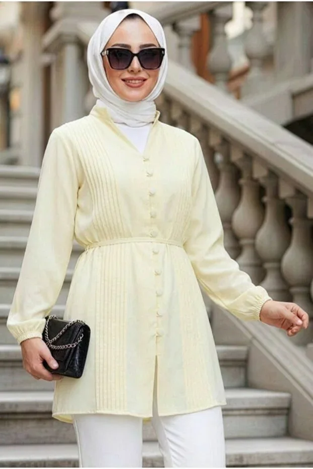 N.S NEVA STYLE Pleat Detailed Yellow Modest Tunic 20299SR