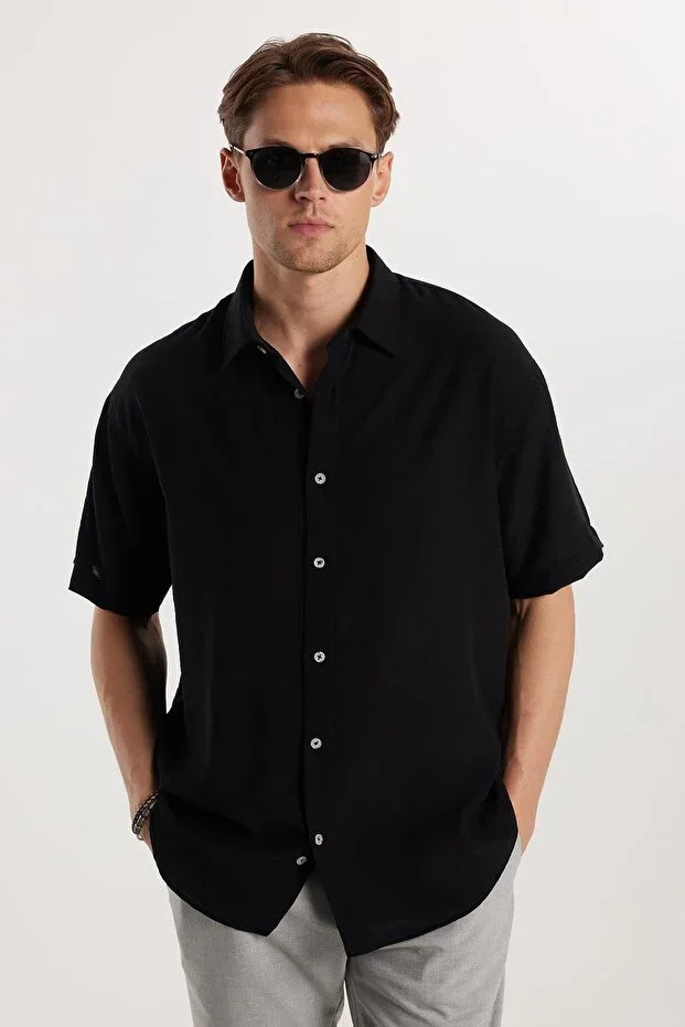 Oversize Seasonal Linen Textured Loose Fit Short Sleeve Casual Men's Black Shirt