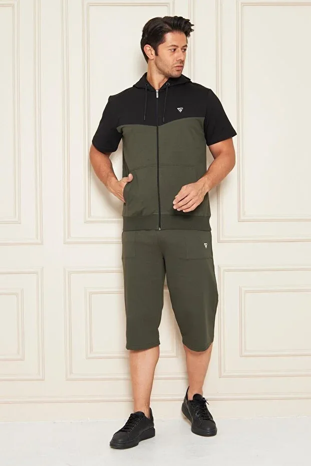 Men's Cotton Hooded Capri Set Black / Khaki 7501-S.H.