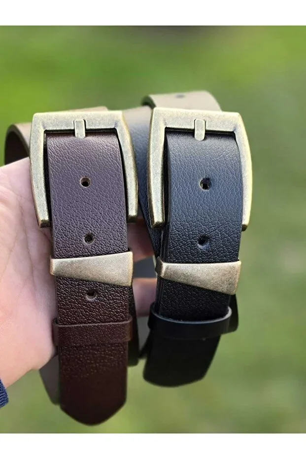 %100 Genuine Leather Antique Buckle Belt 3.2 cm Black-Dark Brown 2-Piece Set