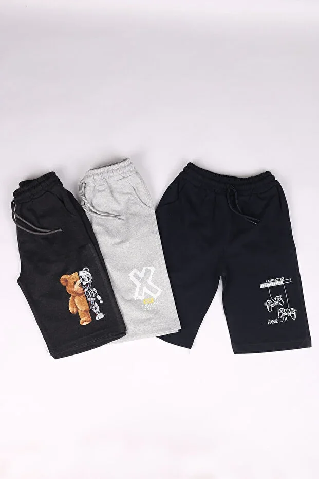 3-Piece Boys' Print Detailed Pocketed Shorts/Capris
