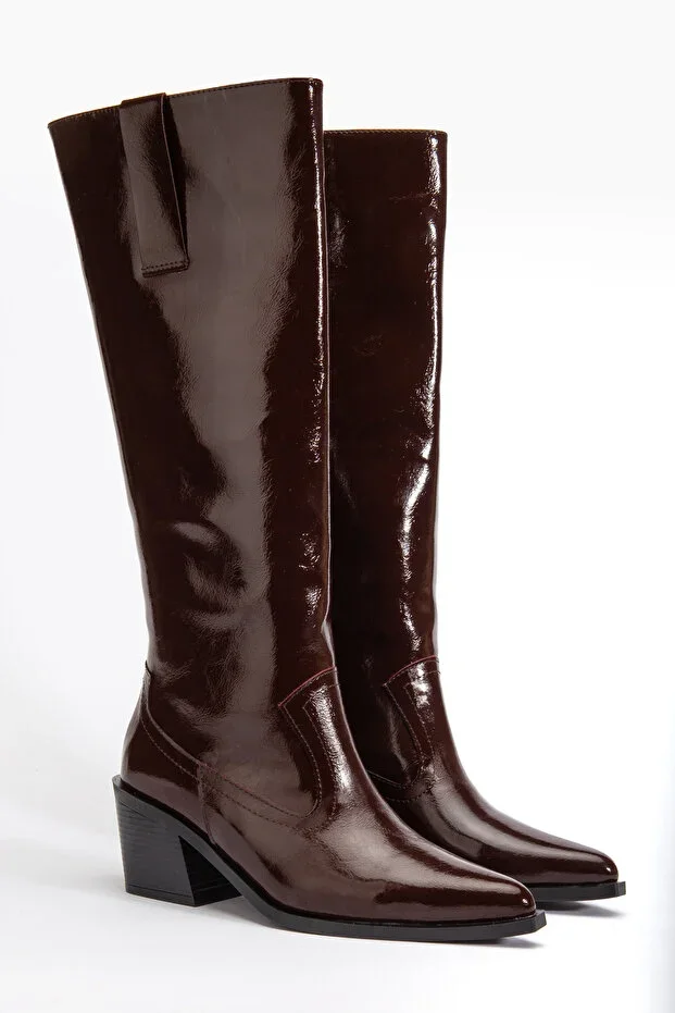 Burgundy Wrinkled Patent Leather Flat Rider Western Cowboy Boot