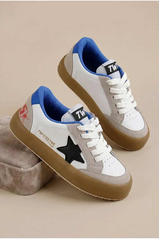 Children Unisex White Sax Thermo Sole Star Detailed Lace-up and Velcro Sports Shoe