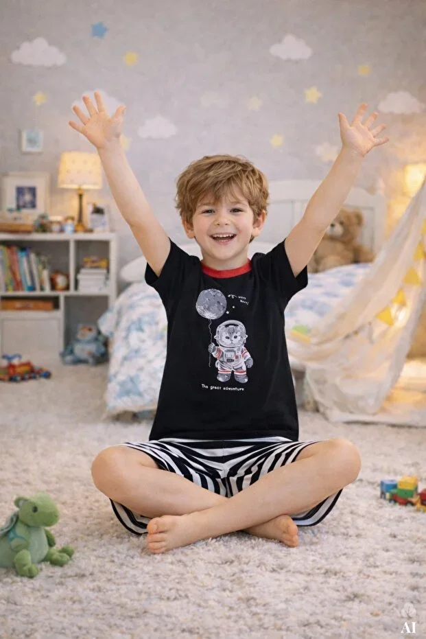 Boys Cotton Striped Printed Short Sleeve Pajama Set