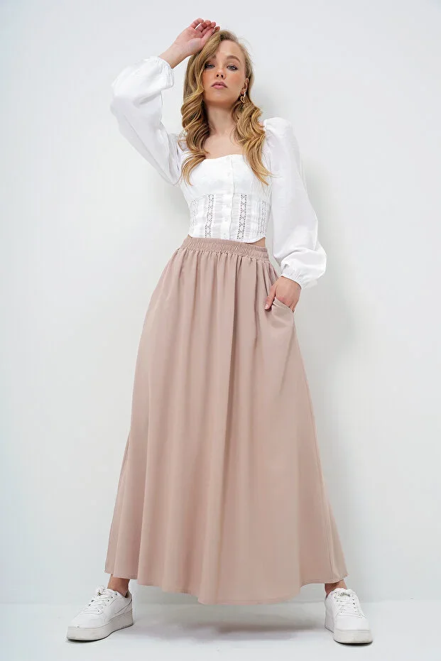 Women's Beige Double Pocket Flared Woven Skirt ALC-X13876