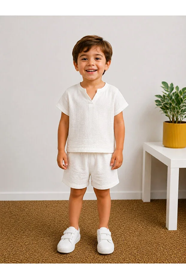 Girls and Boys White Muslin Shorts Set