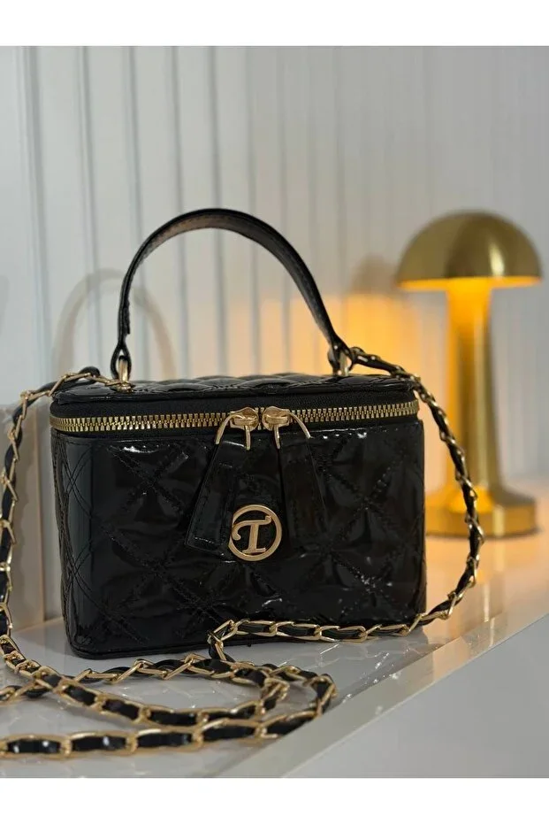 Women's Black Patent Quilted Pattern Chain Strap Small Size Suitcase Bag