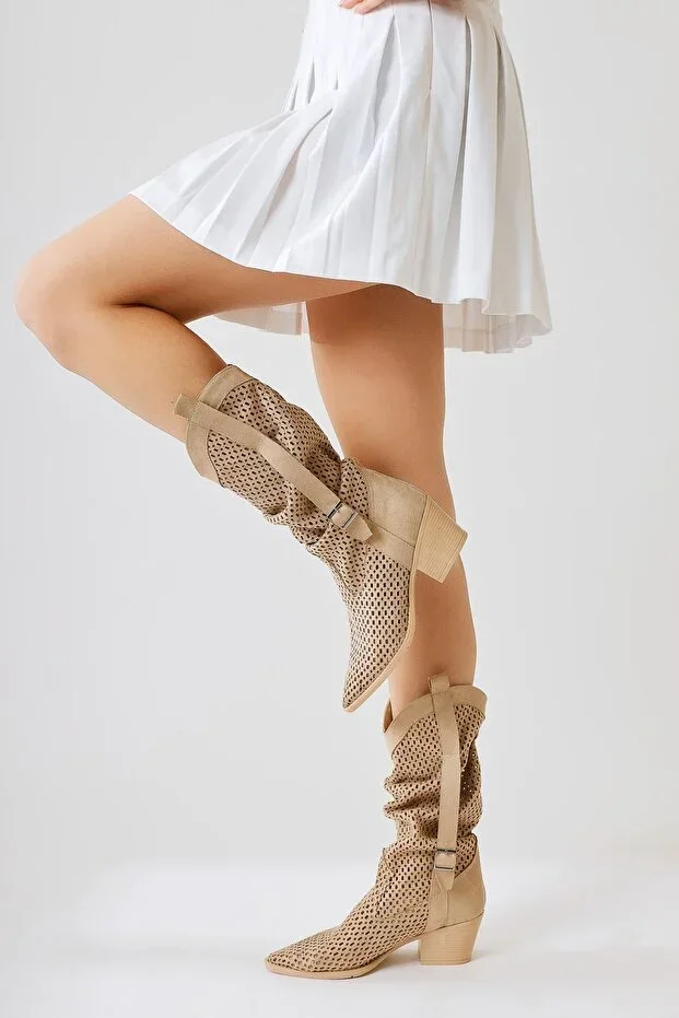 Orietta Skin Tone, Beige Suede Laser Cut Bellows Summer Women's Boot
