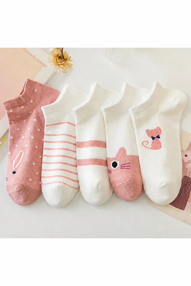 5 Pairs Cute Multi-color Cat Cartoon Pattern Women's Ankle Socks
