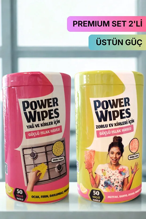 Power Wipes 50's for Grease and Dirt + 50's for Tough Household Stains Strong Wet Wipes 2's Set