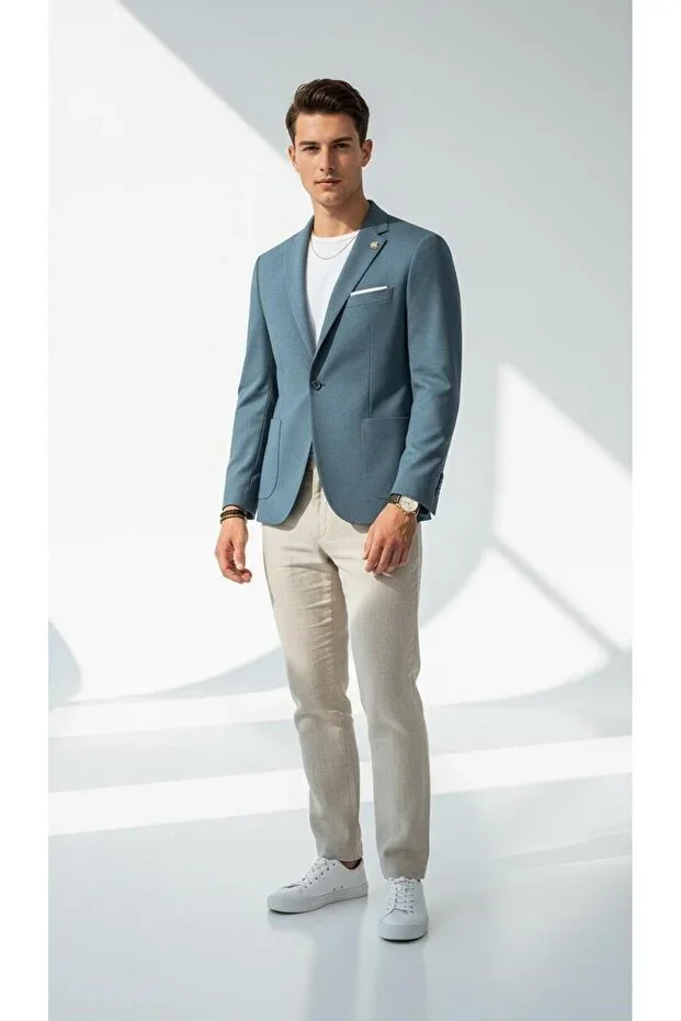 Men's Slim Fit Blazer Jacket Single Button Double Vent Patch Pocket Half Lined