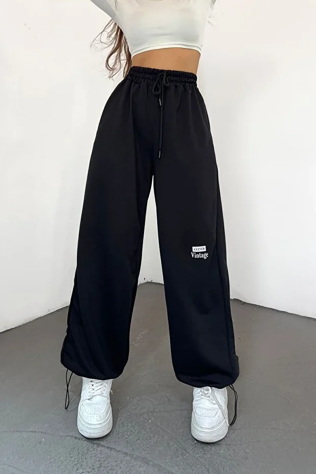 Women's Compact Combed Cotton Black Two-Thread Elastic Waist Loose Wide Leg Sweatpants