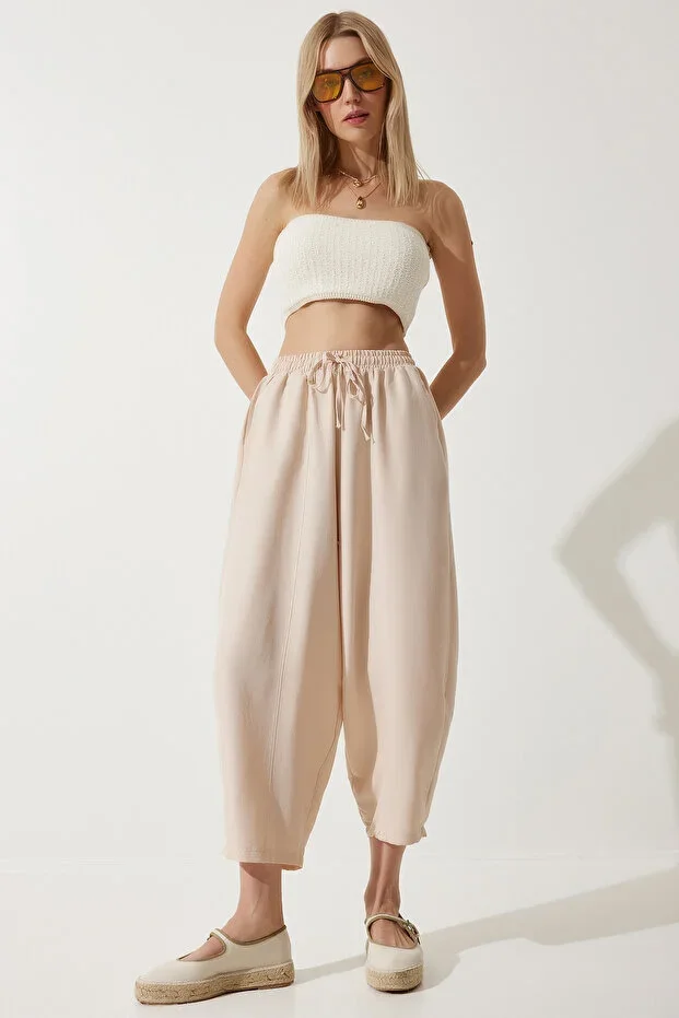 Happiness İstanbul Women's Cream Pocket Linen Viscose Culottes CV00001
