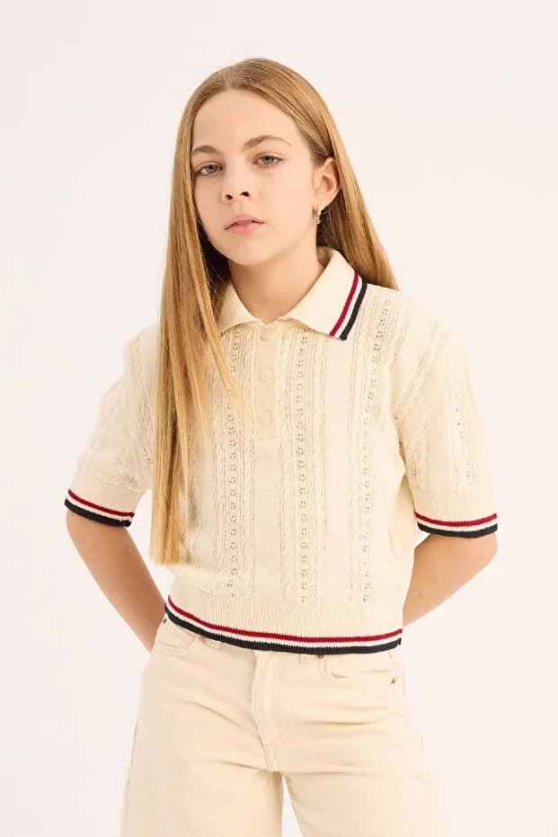 Cropped Fit Polo Neck Tricot Sweater Girls E0364A825SP