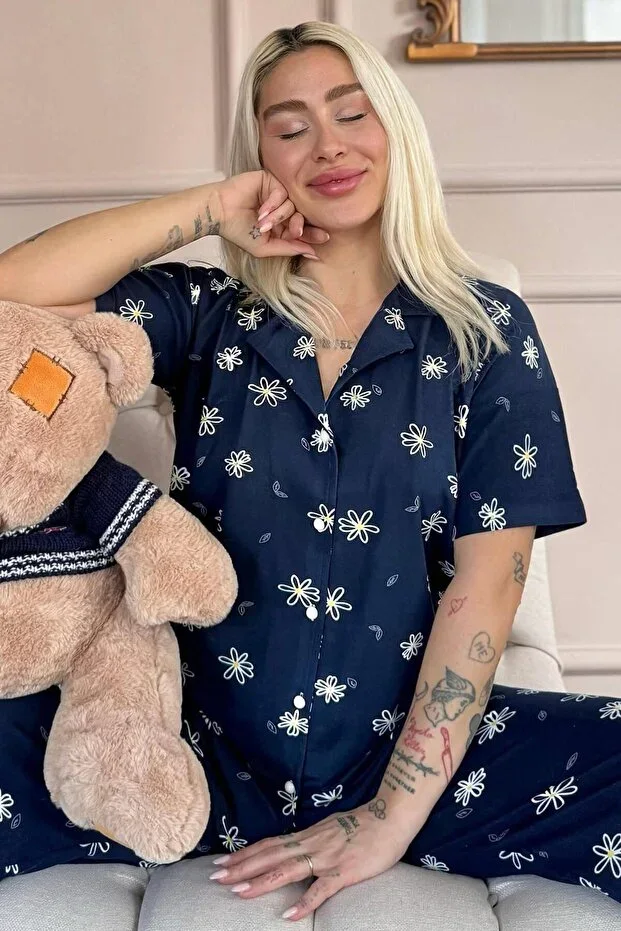 Navy Blue Soft Daisy Patterned Bamboo Front Button Short Sleeve Pajama Set