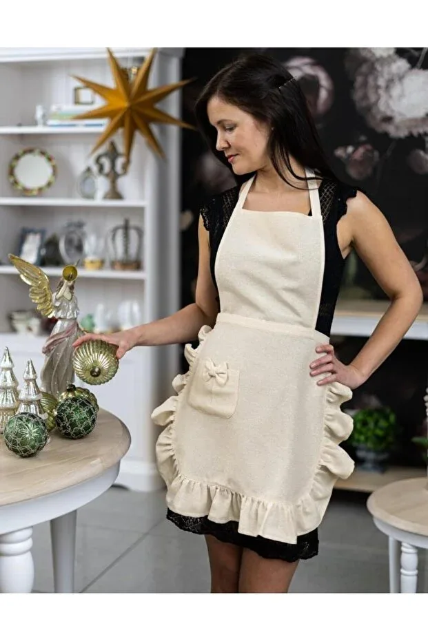 Linen Ruffled Bohemian Kitchen Apron Apron Cream