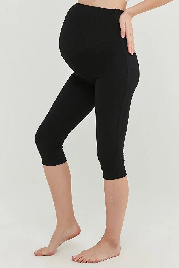 Women's Black Adjustable Waist Organic Cotton Lycra Capri Maternity Leggings