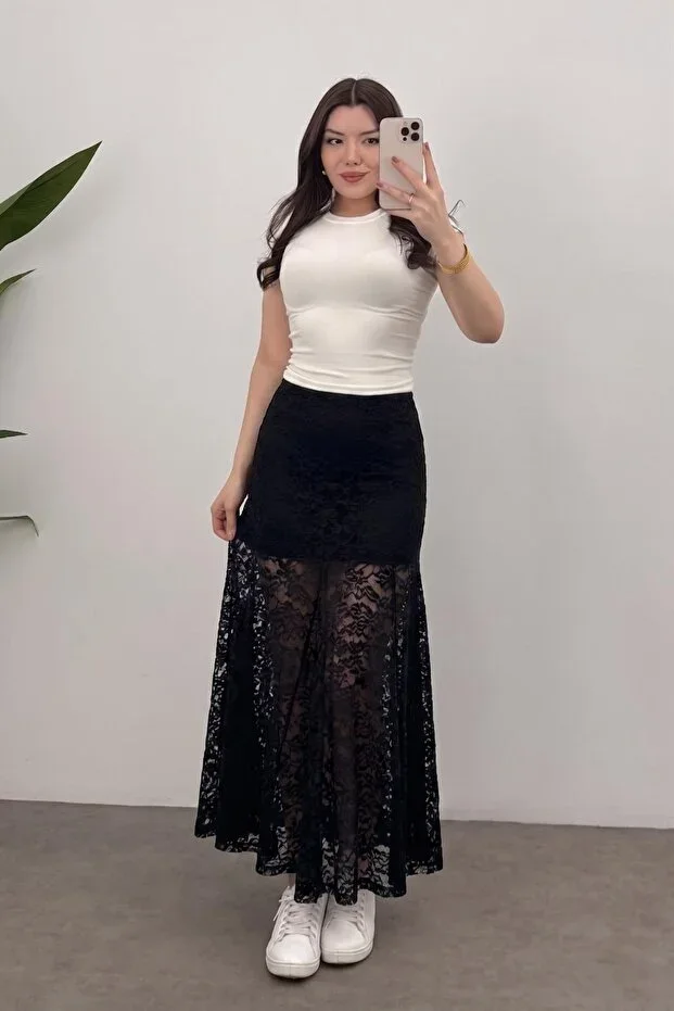 Bipantolon Women's A-Line Half-Lined Detailed Lace Maxi Skirt