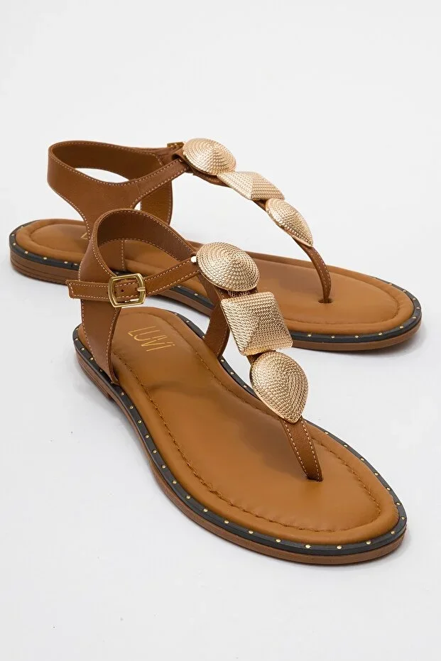 HELEN Brown Genuine Leather Toe Post Sandal with Gold Buckle Women