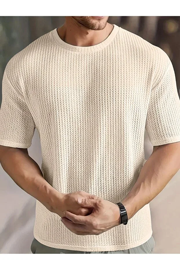 Men's Robert Waffle Fabric Crew Neck Short Sleeve Beige T-shirt