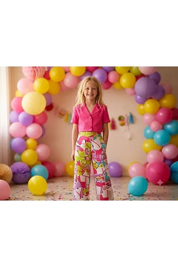 Girls' Padded Blazer Jacket Colorful Patterned Wide-Leg Pants 2-Piece Set