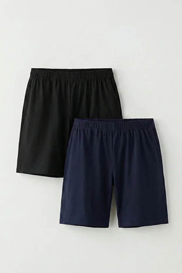 Cotton 2-Piece Men's Pajama Shorts Thin Compact Combed Black & Navy Pocketed Comfortable Fit Non-Sweating Fabric Lycra Home Shorts