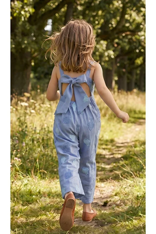 Girl's Fish Embroidered Back Detail Summer Blue Jumpsuit
