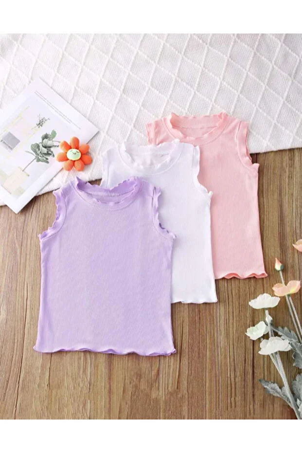 Baby Girl & Kids 3 Piece Summer Ribbed T-shirt Set Lilac White Pink