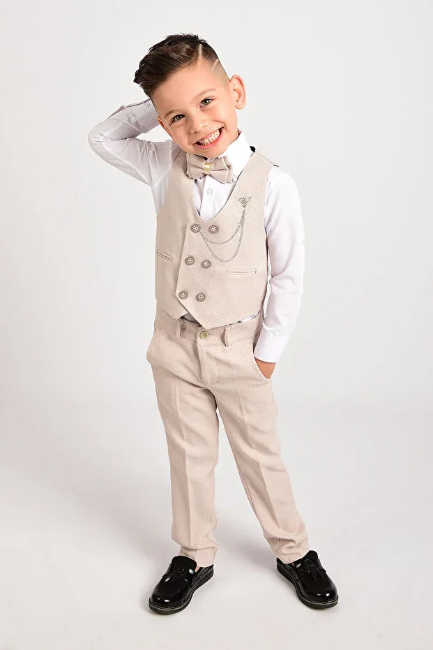 Boys' Tuxedo Suit (Cream Button Vest, Shirt, Trousers, Bowtie, Chain)