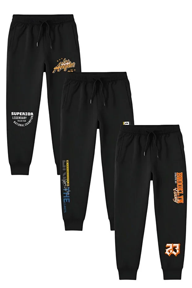3 PCS BOYS PRINT DETAILED POCKET ELASTIC CUFF SWEATPANTS