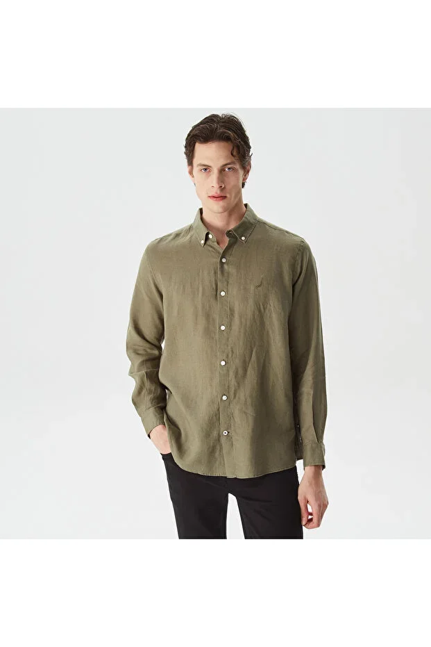 Men's Green Classic Fit Long Sleeve Linen Shirt