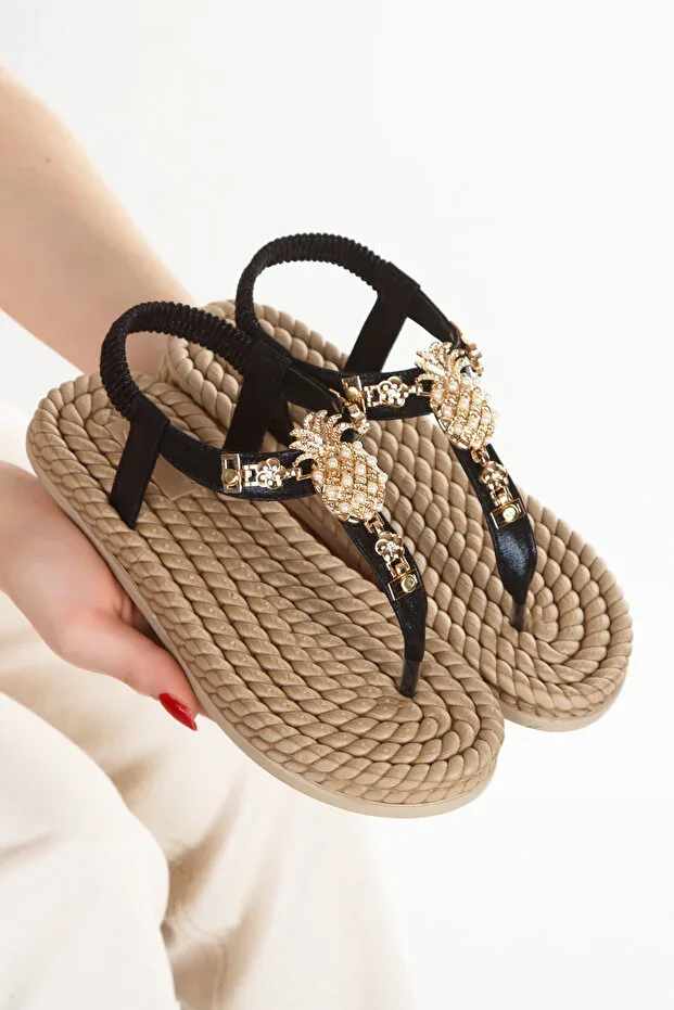 Straw Thong Sandals with Pineapple Buckle, Elastic Back, Black, Stylish Women's Sandal