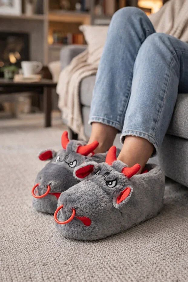 Cute Bull Figurine Plush Slipper – Gray | Comfortable, Quiet, and Non-Slip Sole