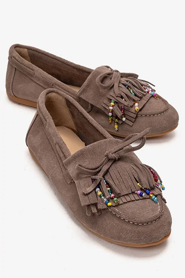 EVELYN Mink Suede Genuine Leather Tassel Beaded Women's Loafer Shoes