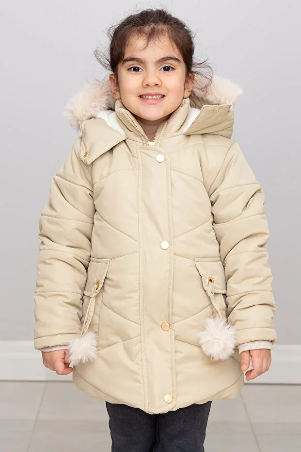Ponponlu Fur Hooded Beige Girls' Coat