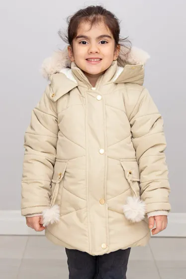 Ponponlu Fur Hooded Beige Girls' Coat